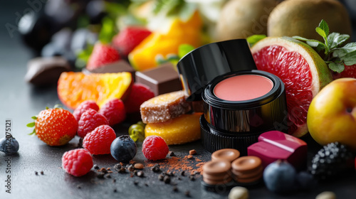 Fototapeta Naklejka Na Ścianę i Meble -  Gourmet inspired makeup collection with vibrant fruits and sweets for fresh sensations