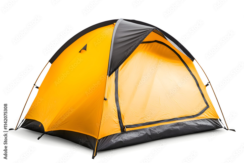 Vibrant yellow tent stands resilient against the elements in an enchanting wilderness setting, inviting adventurers to experience nature's splendor and escape the everyday routine Vibrant yellow tent stands resilient against the elements in an enchanting wilderness setting, inviting adventurers to experience nature's splendor and escape the everyday routine