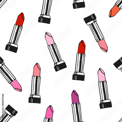 Lipstick pattern with red, pink, and purple shades on a white background. Hand-drawn seamless design for beauty-themed projects, wallpapers, textiles, and print.