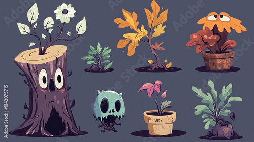 Scary monster plants and flowers. Cartoon vector illustration set of fantasy horrible garden or forest creatures - tree stump with creepy face, terrible root with leaves, spooky flower in broken pot. photo