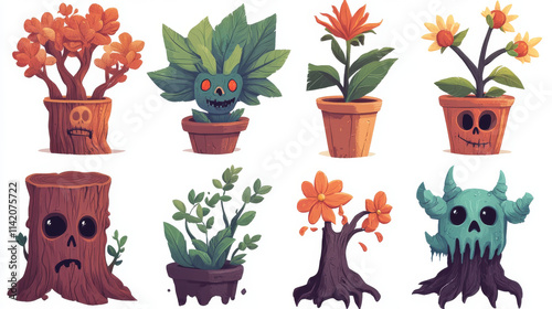 Scary monster plants and flowers. Cartoon vector illustration set of fantasy horrible garden or forest creatures - tree stump with creepy face, terrible root with leaves, spooky flower in broken pot.