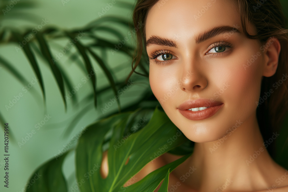 Close-up portrait of a young beautiful woman with green leaves. Natural herbal skincare, natural beauty, organic skincare routine, and beauty and wellness concept. Close-up portrait of a young beautiful woman with green leaves. Natural herbal skincare, natural beauty, organic skincare routine, and beauty and wellness concept.