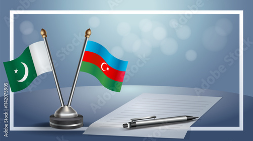 Pakistan and Azerbaijan National flags on small table with bokeh background, cooperative relationship