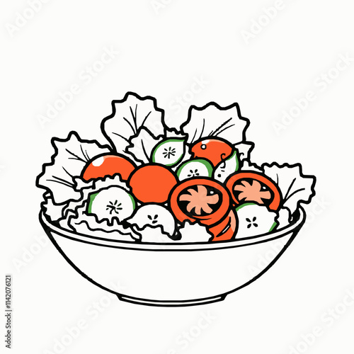 Salad Bowl Outline Vector Illustration with Lettuce, Tomatoes, Cucumbers, and Dressing