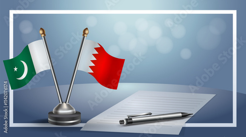 Pakistan and Bahrain National flags on small table with bokeh background, cooperative relationship