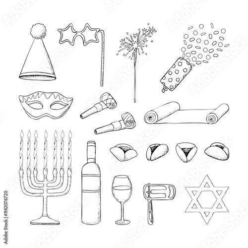 Large Purim symbols elements set in black and white. Vector Jewish holiday bundle in line ink style for coloring and festive packaging with for mask, raashan, menorah, cookies and Torah scroll