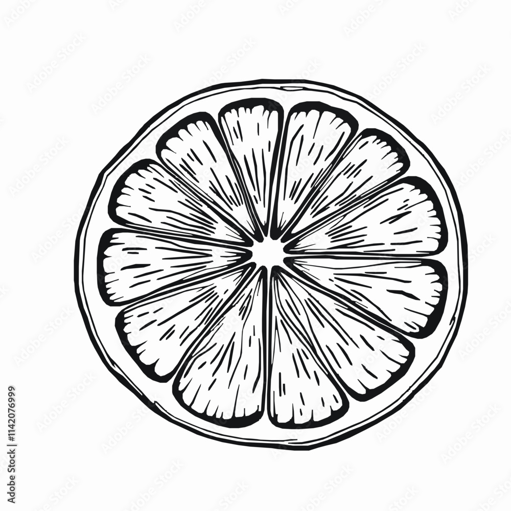 Obraz premium Lemon Slice Outline Vector Illustration with Visible Segments and Detailed Rind
