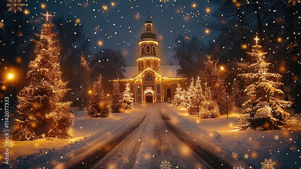 Christmas background with golden lights and snowflakes falling on Christmas trees, creating an enchanting atmosphere. The road leads to the church decorated in warm yellow light. Christmas background with golden lights and snowflakes falling on Christmas trees, creating an enchanting atmosphere. The road leads to the church decorated in warm yellow light.