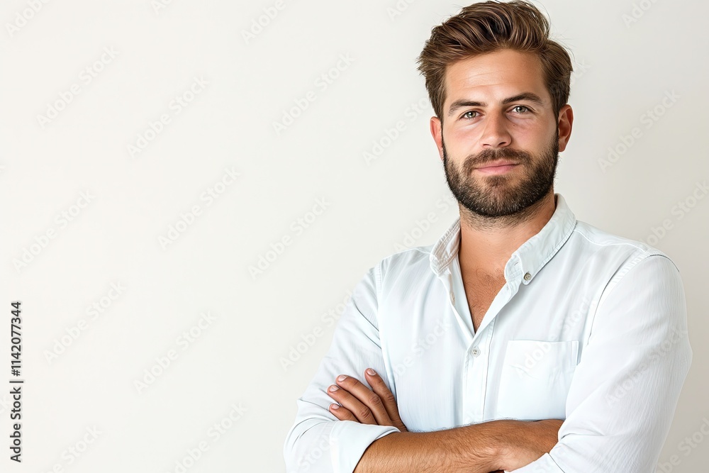 Confident Bearded Man Smiling in Casual Attire with Arms Crossed Against a White Background - Space for Text Confident Bearded Man Smiling in Casual Attire with Arms Crossed Against a White Background - Space for Text