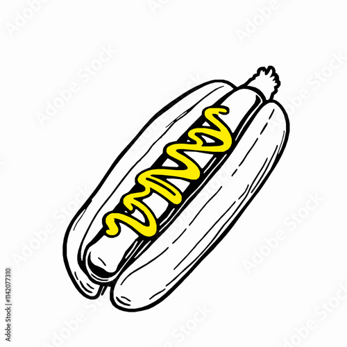 hot dog outline vector illustration with bun and mustard drizzle