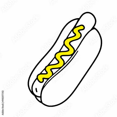  hotdog outline vector illustration in a bun with mustard topping