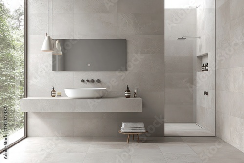 A minimalist contemporary bathroom featuring light gray walls, a wall-mounted sink, and large-format tiles for a spacious effect. photo