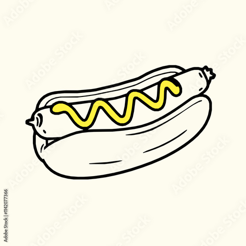 hot dog outline vector illustration with bun and mustard details