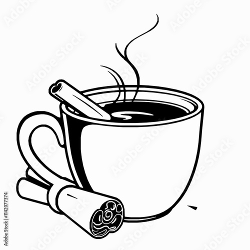  hot coffee cup outline vector illustration with steam and cinnamon stick
