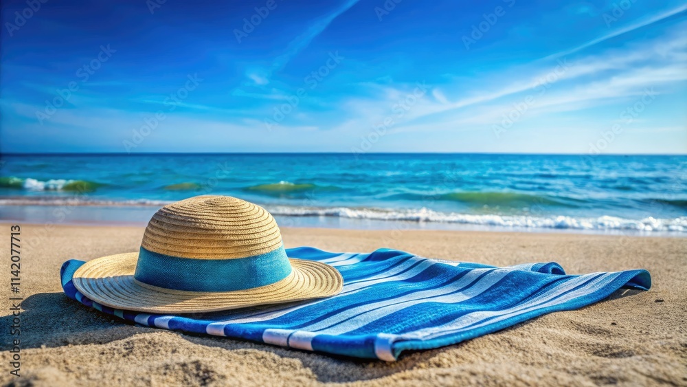 Obraz premium Sun-drenched beach, blue towel, wide-brimmed hat; coastal bliss captured in a perfect summer photo.