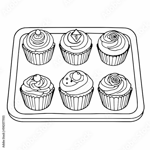  cupcake tray outline vector illustration with six decorated cupcakes