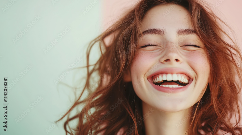 Joyful expression of a laughing woman in studio shot with gentle colors highlighting happiness and beauty Joyful expression of a laughing woman in studio shot with gentle colors highlighting happiness and beauty