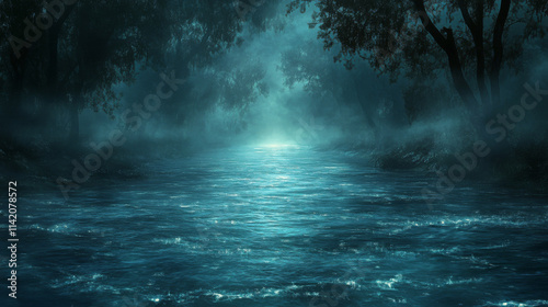 Water surface with magic neon glow from inside and smoke on top. Mystery dark background with spooky white light from underwater and fog. Realistic 3d night vector illustration with flare and steam.