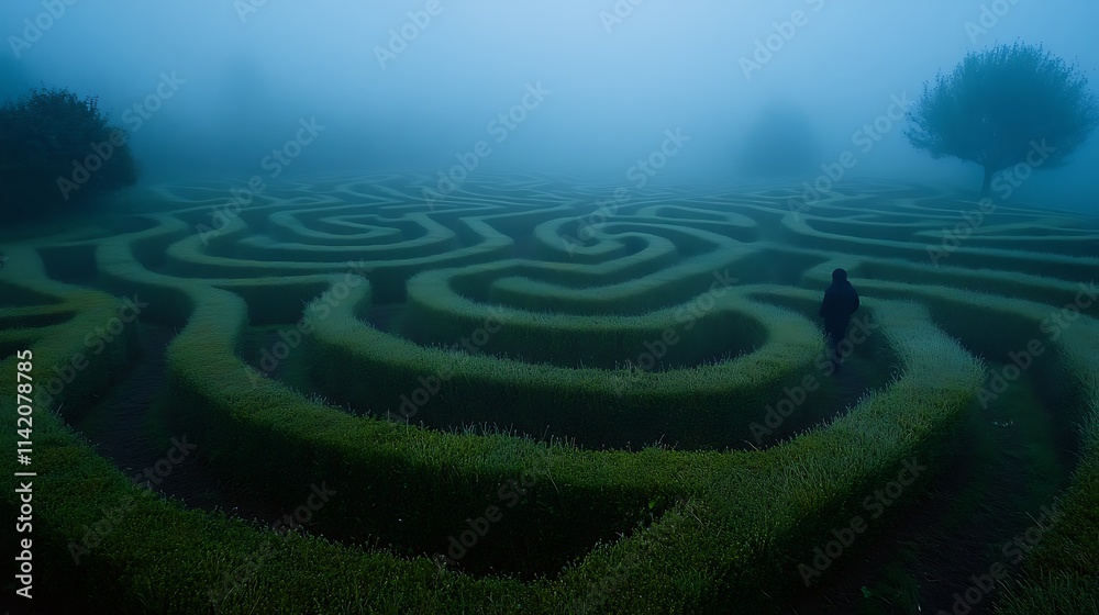 A Solitary Figure Navigates A Foggy Green Maze A Solitary Figure Navigates A Foggy Green Maze