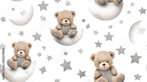 Soft pastel teddy bears sit among moons and stars, creating a delightful nursery art pattern in smooth watercolor style SEAMLESS PATTERN photo