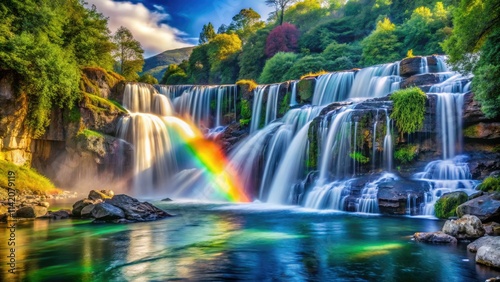 Vibrant rainbow hues cascade down a mesmerizing waterfall; breathtaking nature photography.