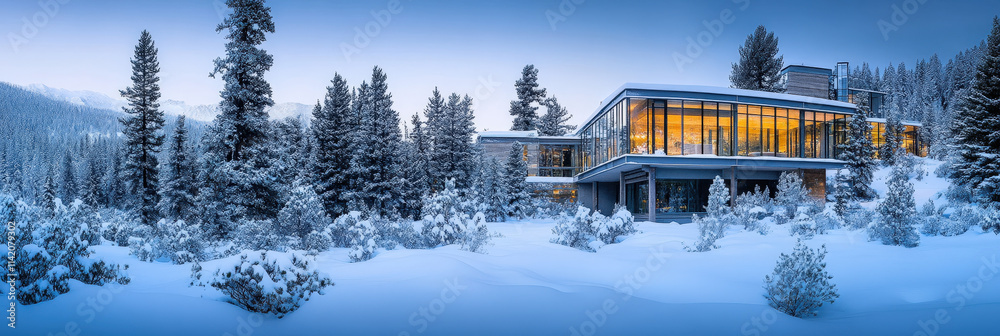 Modern Glass House in Snowy Forest