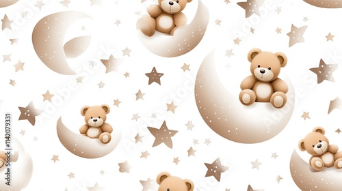 Soft pastel teddy bears sit among moons and stars, creating a delightful nursery art pattern in smooth watercolor style SEAMLESS PATTERN photo