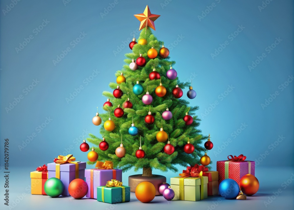 Panoramic minimalist Christmas tree illustration. Simple ornaments and presents highlight festive spirit. Panoramic minimalist Christmas tree illustration. Simple ornaments and presents highlight festive spirit.