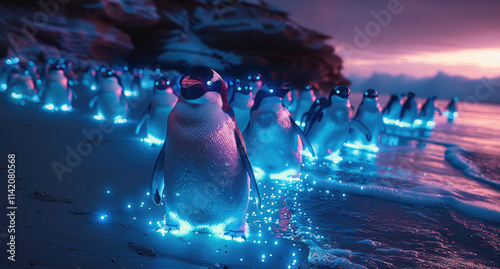 Opalescent penguins gather at the bioluminescent beach at night.
