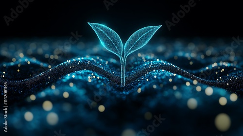 Abstract glowing sprout emerging from a luminous ground with soft light particles and digital design elements