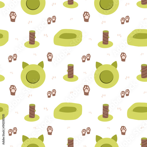Cat accessories seamless pattern, pet bed, paws and scratching post pattern