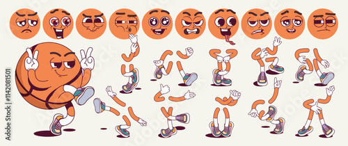 Basketball ball cartoon character with groovy comic faces set. Funny mascot with bundle of happy, smile, angry and other facial emotions, jump and walk legs poses, hands gestures. Vector illustration.