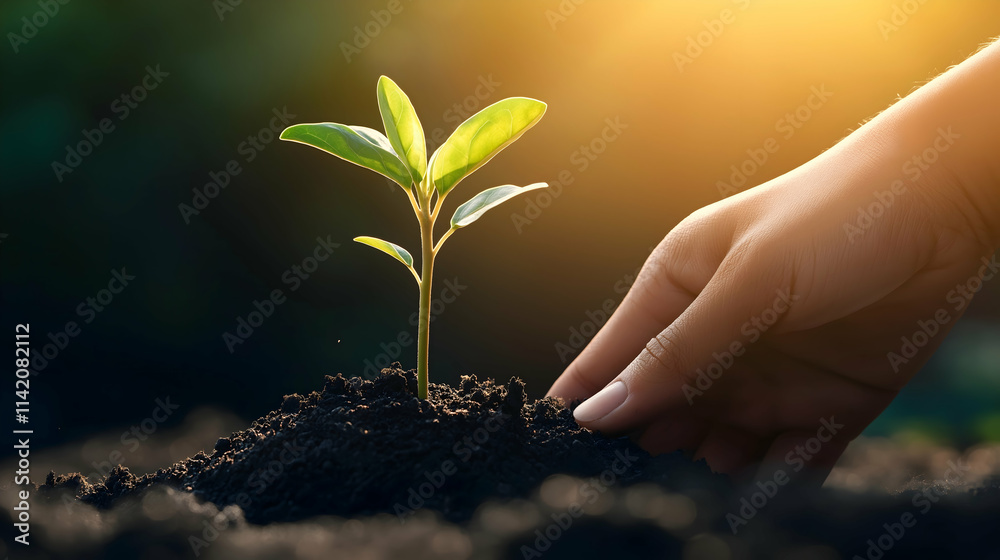 Fototapeta premium A hand gently nurtures a young plant sprouting from rich soil, symbolizing growth, care, and the beauty of nature illuminated by warm sunlight.