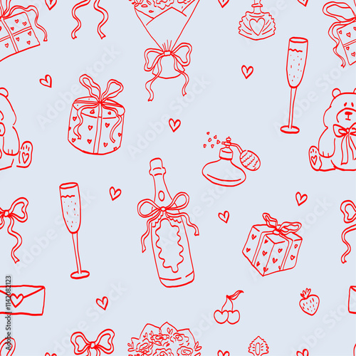 Valentine’s Day Seamless Pattern. Hand Drawn Ornament with Hearts, Flowers, and Gifts. Romantic Line Art on Blue Background. Symbols of Love