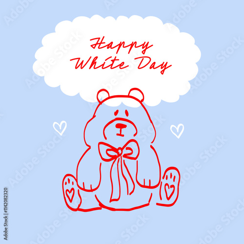 Happy White Day Greeting Card. Teddy Bear Hand Drawn Illustration. Romanic Postcard.