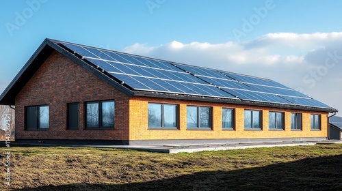 Modern Brick House with Solar Panels on a Sunny Day