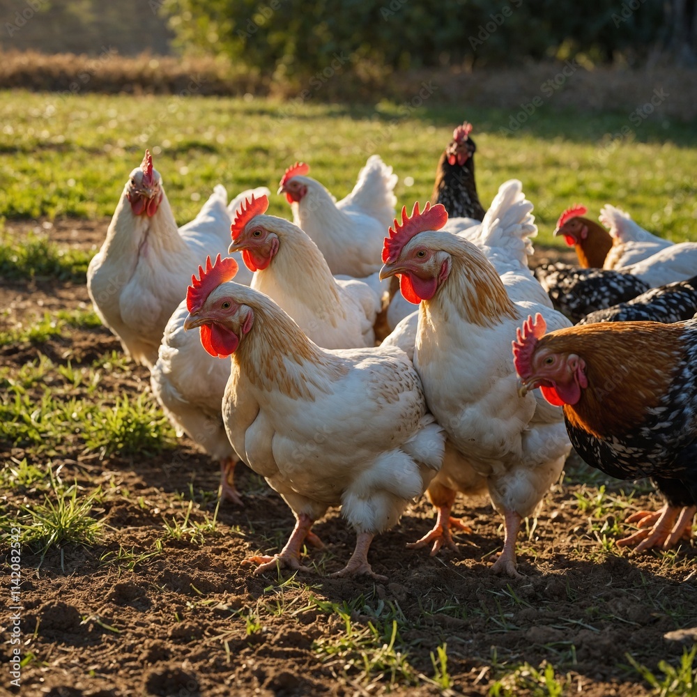 Fototapeta premium A group of chickens pecking at the ground in a sunny farm field.