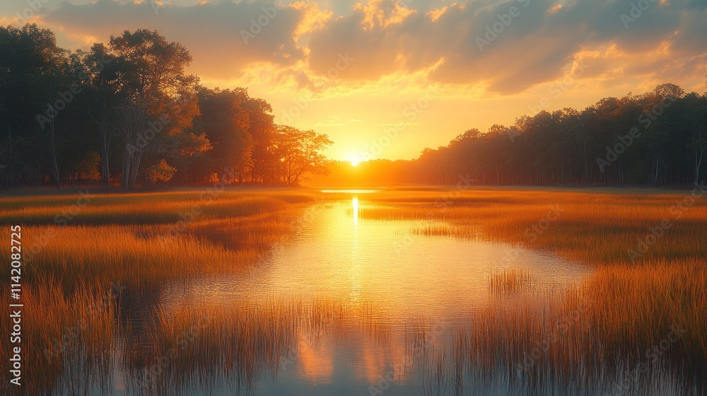 Golden Sunset over Serene Marsh Landscape Golden Sunset over Serene Marsh Landscape