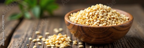 Wooden bowl filled with sesame seeds in a cozy atmosphere, wood, natural, peaceful photo