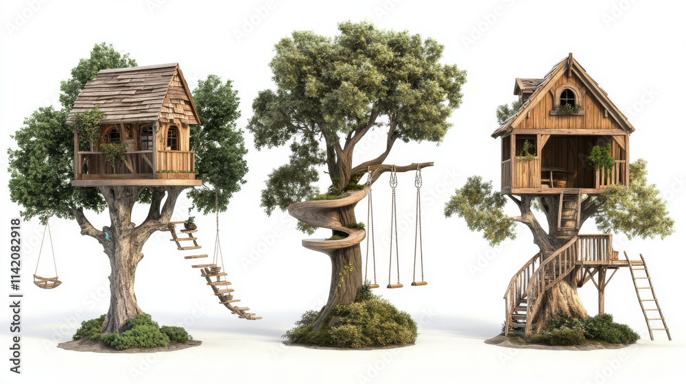 Wooden tree houses with ladder and swing for children. Treehouses for summer park, garden, backyard or kids playground isolated on white background, vector cartoon set Wooden tree houses with ladder and swing for children. Treehouses for summer park, garden, backyard or kids playground isolated on white background, vector cartoon set