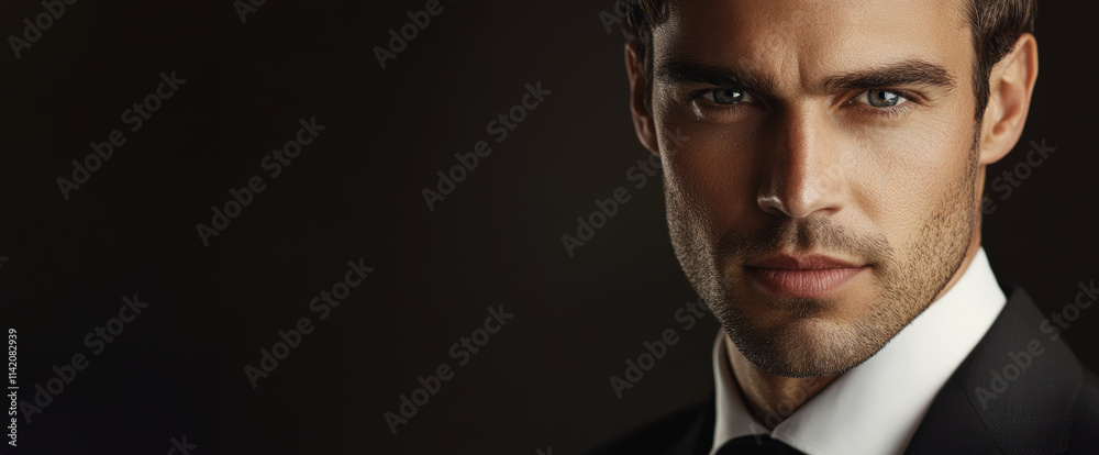 Obraz premium Confident man in a tailored suit posing against a dark backdrop highlighting his features and strong presence