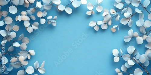 Blue leaves frame on light blue background.