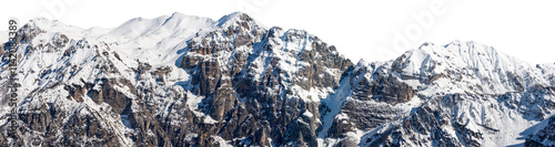 Snow capped mountain peaks of Italian Alps isolated on white or transparent background, png. Mountain range of Monte Carega also called the Small Dolomites. Veneto, Trentino Alto Adige, Italy, Europe.