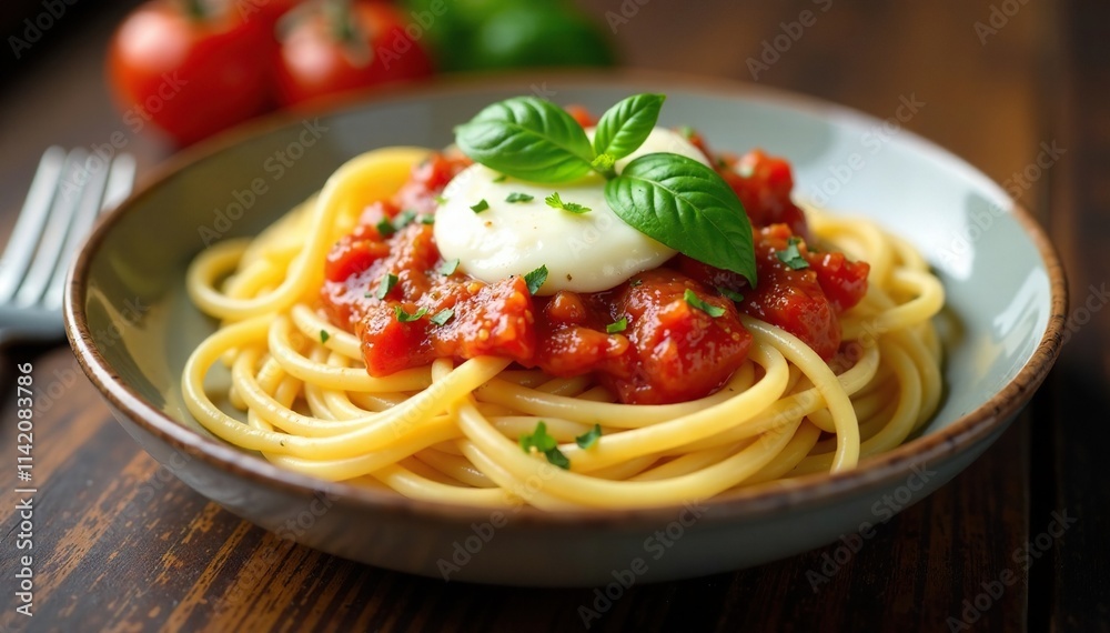 Fototapeta premium Tagliatelles with tomato sauce and mozzarella, Italian flat noodles, homemade noodle, Italian cuisine