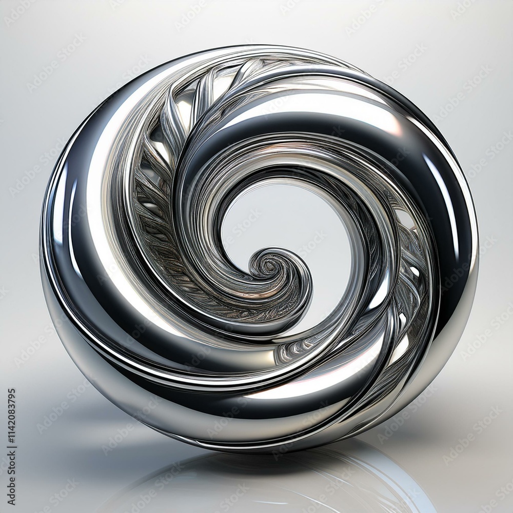 A 3D fluid chrome spiral with intricate curves and reflective highlights, isolated on a white background A 3D fluid chrome spiral with intricate curves and reflective highlights, isolated on a white background