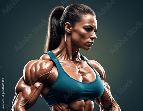 Powerful Female Bodybuilder: Muscular Physique, Teal Sports Bra, Dramatic Pose photo