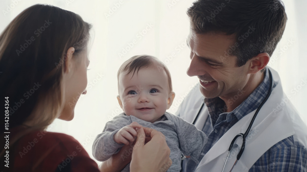 Pediatrician conducting gentle check-up on smiling baby in studio setting Pediatrician conducting gentle check-up on smiling baby in studio setting