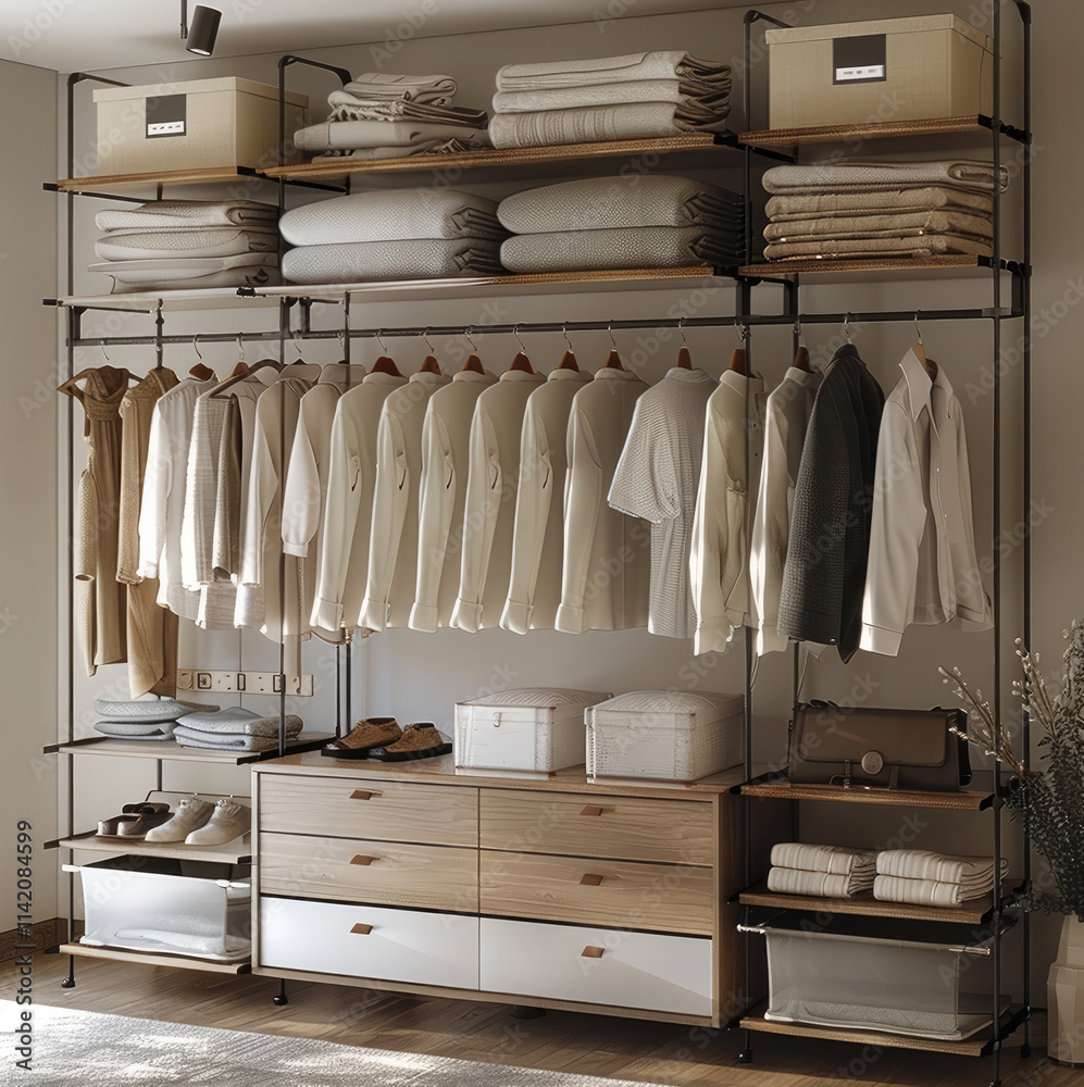 A clothes rack, a place for a man to hang clothes and another for a woman. Shelves and Drawers for linen. A clothes rack, a place for a man to hang clothes and another for a woman. Shelves and Drawers for linen.