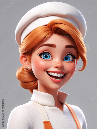 Cute Funny Happy Smiling Female Baker 3D Cartoon style On A Isolated Background
