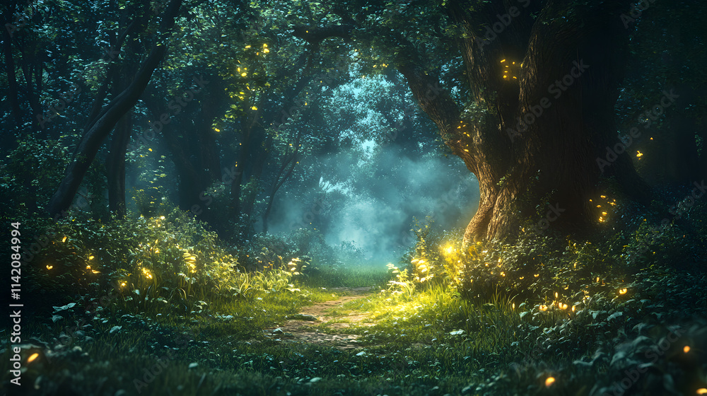 Obraz premium An Enchanting Mystical Forest Scene Adorned with Glowing Wild Herbs Under the Moonlight